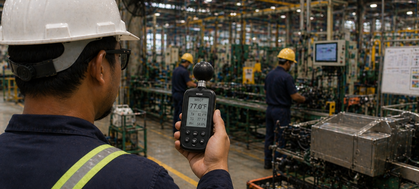 Man wearing a hard hat using a heat stress monitor in factory